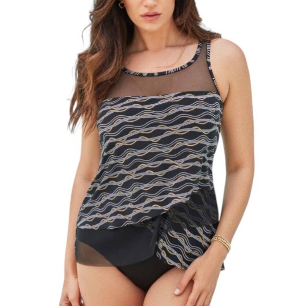 Miraclesuit Mirage Tankini Top, Linked In, Black, Mesh, Underwire, Swim, Size 12